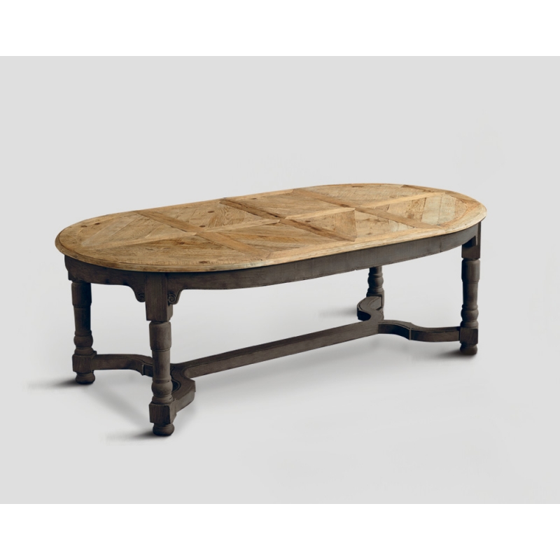 Stół z drewna z recyklingu - owalny blat z mozaiką DB002877