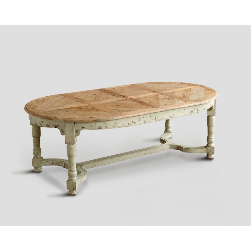 Stół z drewna z recyklingu - owalny blat z mozaiką DB002360