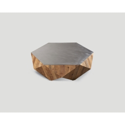 Stolik okazjonalny z drewna z recyklingu - geometryczny kształt, blat ze szczotkowanej stali DB004472